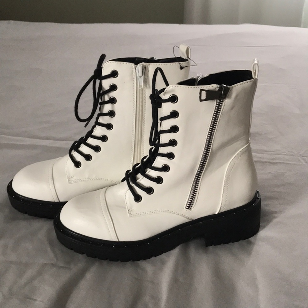 Never worn white and black combat boots